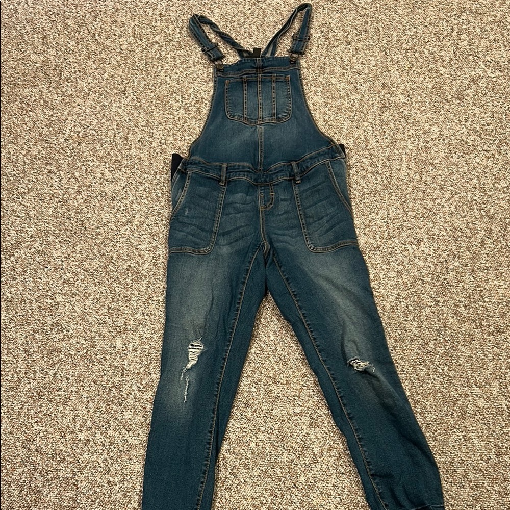 Stylish Denim Maternity Overalls with Distressed Details